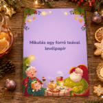 Mikulás levél forró teás levélpapírja – választható háttér a Mikulás levélhez, Mikulással, Mikulásnéval és egy manóval, ünnepi teázás közben