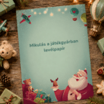 Mikulás levél játékgyáras levélpapírja – választható háttér a Mikulás levélhez, Mikulással és játékokkal, mackóval, repülővel, hőlégballonnal