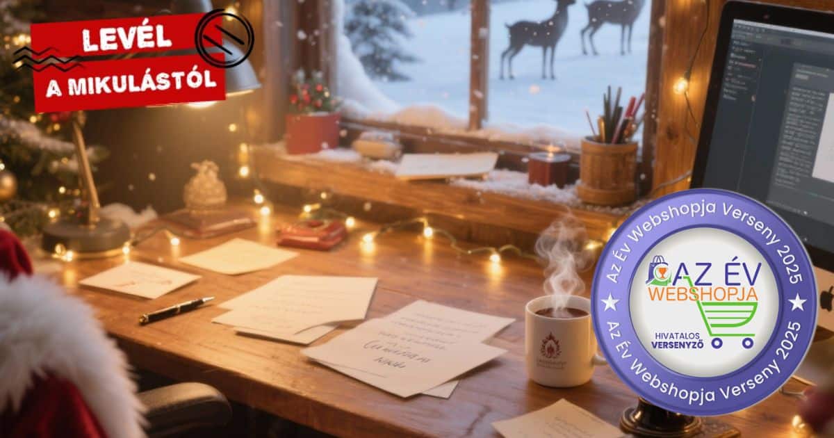 Karácsonyi hangulatú íróasztal Mikulás-levéllel és Az Év Webshopja 2025 jelvénnyel – Levél a Mikulástól